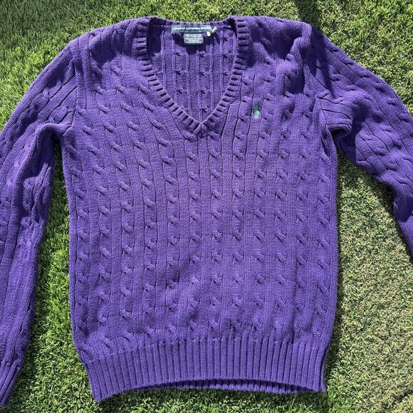 Ralph Lauren Sport Sweater Womens Large Purple Cable Knit V Neck Pullover Cotton - Picture 2 of 8